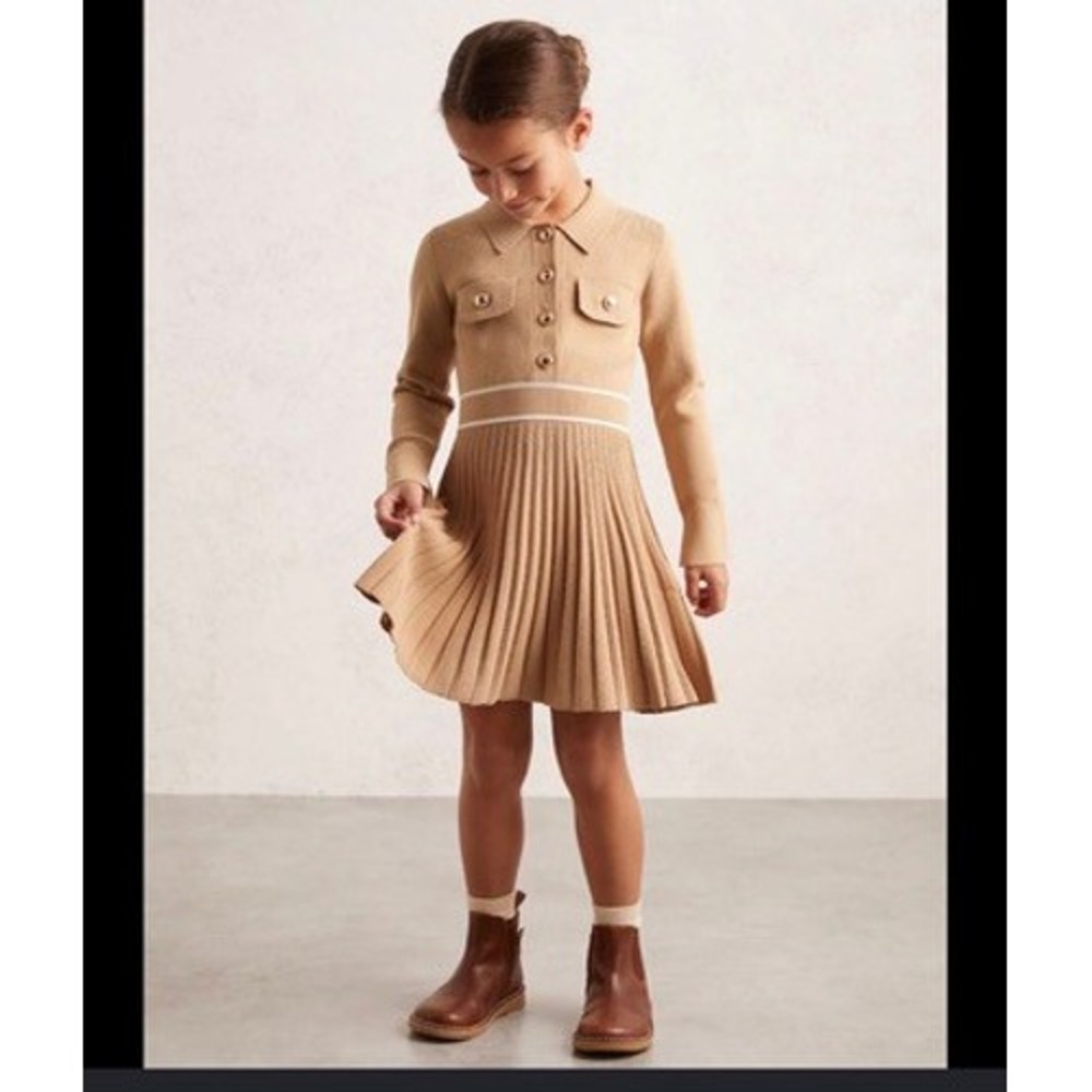 Reiss Girls Camel Tan Knit Pleated Skirt Polo Dress Long Sleeve Size 7-8Y